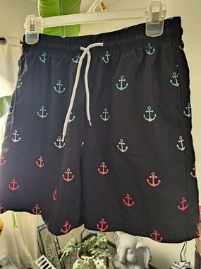 🚨 Last Chance- SHEIN Black Swim Trunks with Multicolor Anchor Print